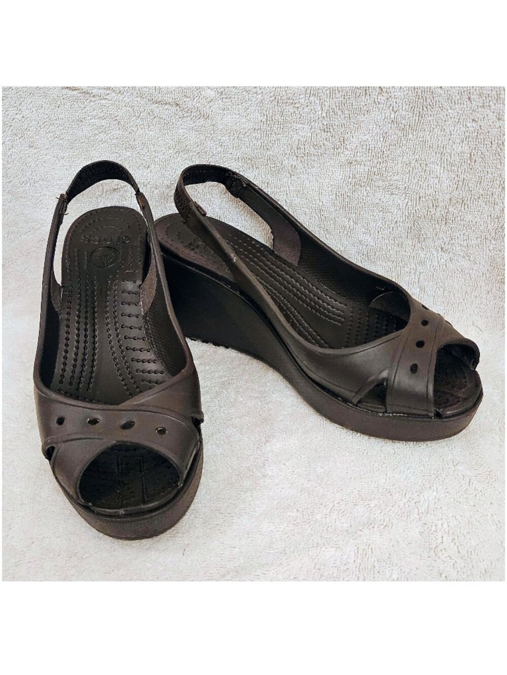 CROCS Platform Wedge Slingback Sandals in Dark Brown